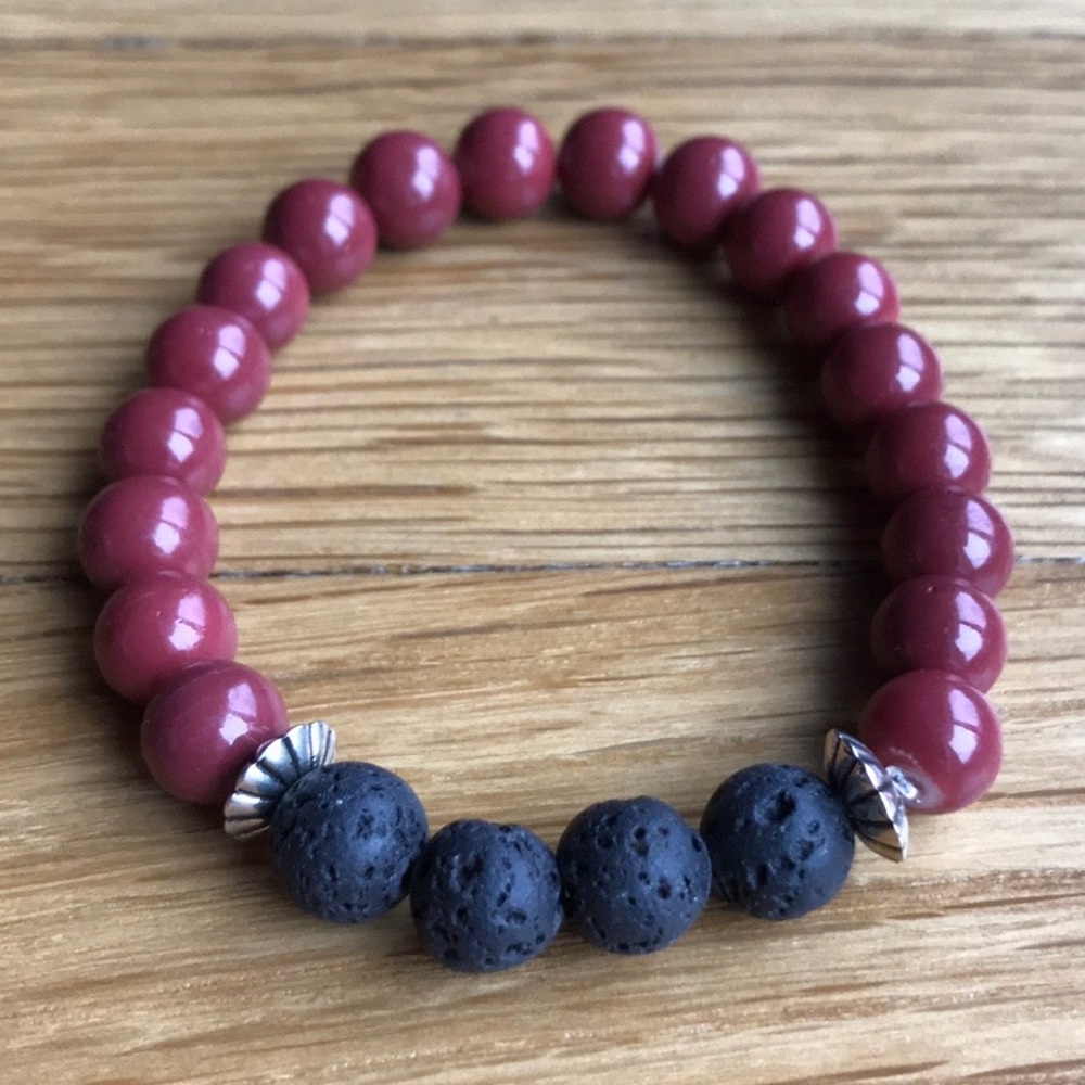 Lava Bead Stretch Bracelet, Red Opaque Glass Beads 8mm